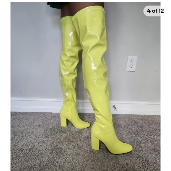 Current Mood Neon Yellow Pleather Thigh Hi Chunky Heel Zip GoGo Boots S 8M NWOB - Picture 2 of 12